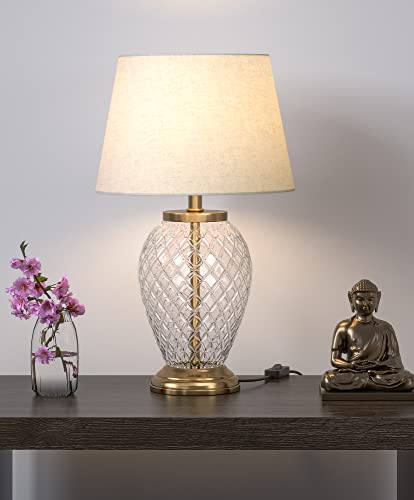 Glamour Ray's Radiant Crystal Elegance: 19-Inch Antique Brass Table Lamp with Exquisite Diamond-Cut Glass and Opulent 12-Inch Off-White Lamp Shade