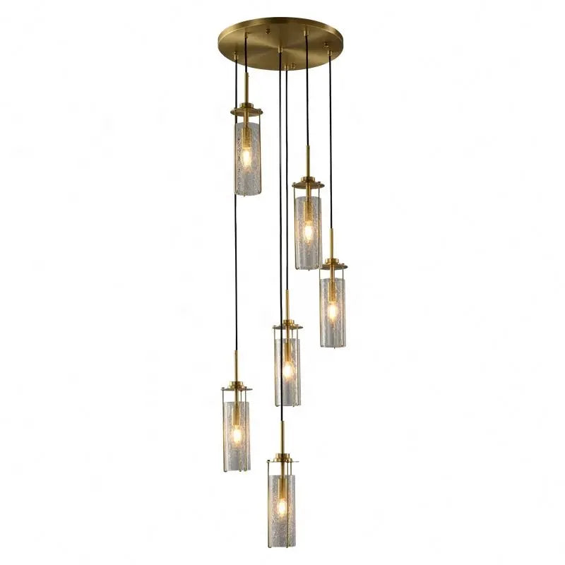 Glamour Ray's Exquisite 6-Light Brass Gold Crackle Glass Double Height Stair Chandelier, Radiant Warm White Illumination