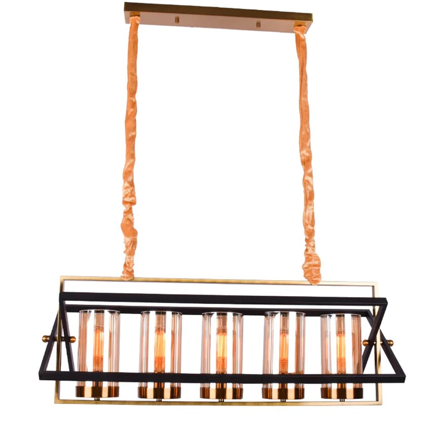 Glamour Ray's Opulent 5-Light Antique Gold and Black Brass Chandelier with Amber Glass Accents - Warm White Illumination