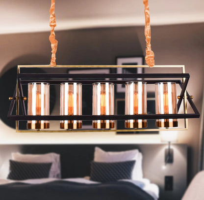 Glamour Ray's Opulent 5-Light Antique Gold and Black Brass Chandelier with Amber Glass Accents - Warm White Illumination