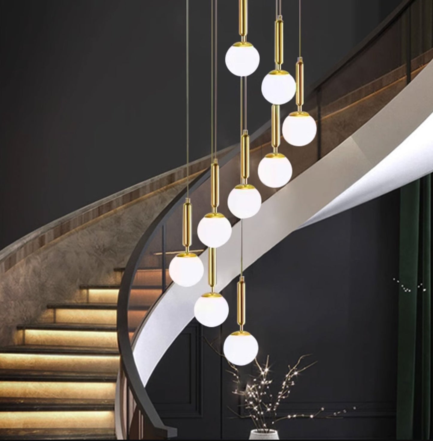 The Frosted Glass Double-Height Staircase Chandelier - 10 Radiant Lights in Warm White