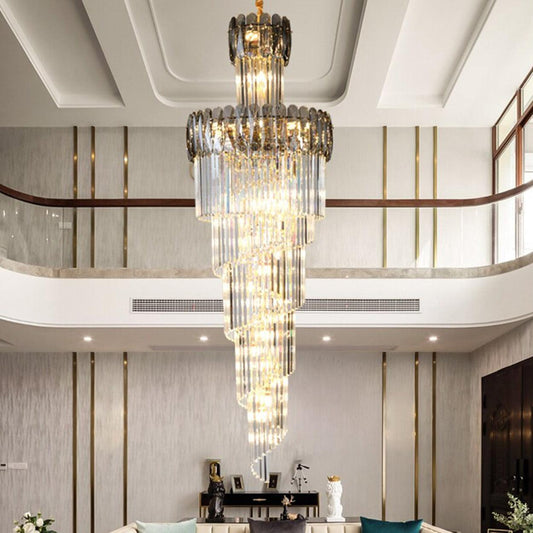 Glamour Ray ELEGANT CRYSTAL MULTILAYER Double Height Chandelier: Modern Sophistication for Elevated Spaces in 6ft and 8ft Variants